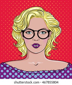 Pop art vector illustration of a woman with Glasses. Beautiful woman portrait 