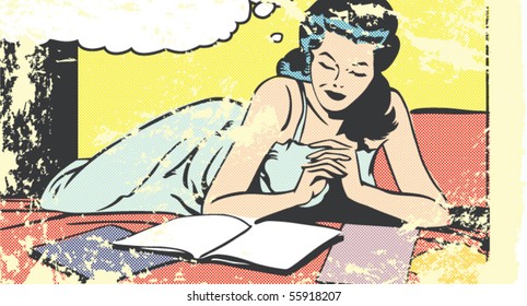 Pop art vector illustration of a woman reading on a bed