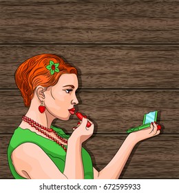 Pop art vector illustration woman puts her lipstick on, looking at the mirror