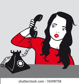 Pop art vector illustration of a woman - girl talking on phone vector illustration