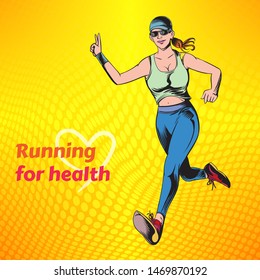 Pop art vector illustration ,Young women running for health.colorful poster. Promotion of billboard design.The image is separated on background.