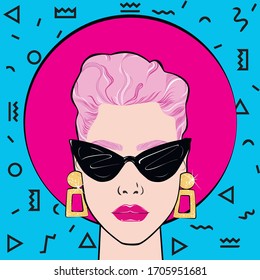 pop art vector illustration of a young girl with sunglasses
with a short haircut and pink hair, with large gold earrings 