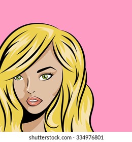 Pop art vector illustration of young woman on pink background