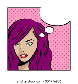 Pop art vector illustration of young woman with think bubble