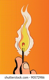 Pop art vector illustration.Burning wooden match