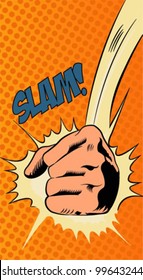 Pop art vector illustration.Clenched fist hitting