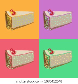 Pop art vector pastry seamless pattern with cakes, pies, tarts,cheesecake with cherry topping. Hand drawn sweet bakery products in sketchy style. Hand drawn doodle dessert. 