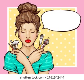 Pop art vector pretty girl with closed eyes holding various makeup brushes in hand. Vector promo poster or advertising banner template of face makeup cosmetics for beauty salon, makeup school, academy