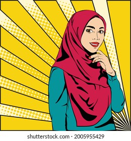 Pop Art Vector Red Hijab Girl 