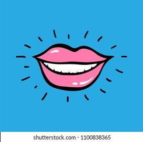 Pop art vector red lips on yellow background with text Ha Ha Ha. Emotion Loud Laughter To Tears