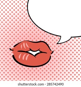 Pop art vector red lips with bubble for text..