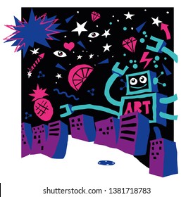 Pop art vector retro robot party poster flyer