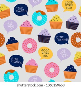 pop art vector seamless pattern with donuts and cakes
