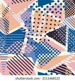 Vector de arte pop sin fisuras con diferentes formas geométricas. Rayas, puntos, triángulos con fondo hipster en los años 80 y 90. blanco para imprimir en tejidos y papel para niños