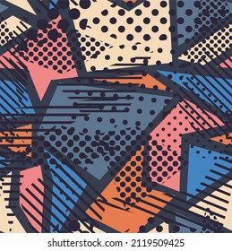 Pop art vector seamless pattern with different geometric shapes. Stripes, dots, triangles in hipster background in 80s and 90s style. blank for printing on children's fabrics and paper
