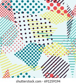 Pop art vector seamless pattern with yellow, red, blue and violet  geometric figures 