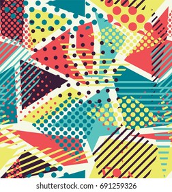 Pop art vector seamless pattern with yellow, red, blue and violet  geometric figures 