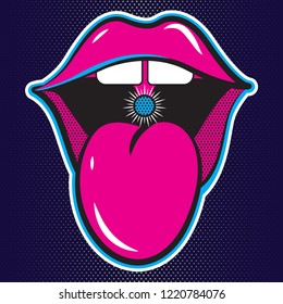 Pop art vector speaking lips. Sexy woman's Half-open mouth, licking, tongue sticking out, conversation.