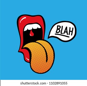 Pop art vector speaking red lips. Sexy woman's Half-open mouth, licking, tongue sticking out, conversation. Isolated on color square