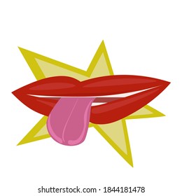 Vector de arte pop que habla labios rojos. Mujer sexy es boca semiabierta, lamiendo, lengua fuera, conversación. Aislado en cuadrado de color