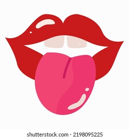 Vector de arte pop que habla labios rojos. La boca semiabierta de una mujer sexy, lamiendo, la lengua fuera.