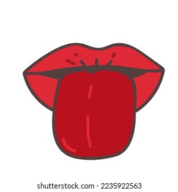 Pop Art, Vektorgrafik sprechende rote Lippen. Sexy Frau's Half-offener Mund, lecken, die Zunge kleben, Konversation. Einzeln auf Farbquadrat