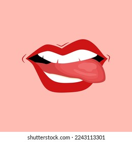 Pop art vector speaking red lips. Sexy woman's Half-open mouth, licking, tongue sticking out, conversation. Isolated on color square.