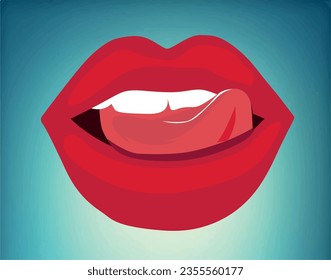 Pop art vector speaking red lips. Sexy woman's Half-open mouth, licking, tongue sticking out, conversation. Isolated on color square