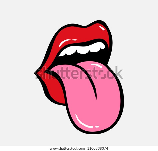 Pop art vector speaking red lips. Sexy woman\'s\
Half-open mouth, licking, tongue sticking out, conversation.\
Isolated on color square