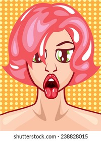 Pop art vector young lady tongue out red lips