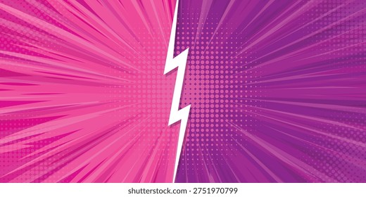 Pop art versus comic background. Pink and purple vs battle background with lightinings. Fighting split comic backdrop.