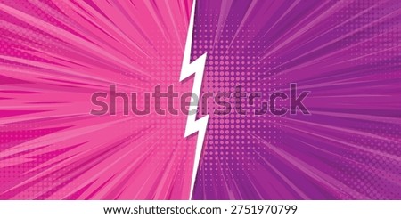 Pop art versus comic background. Pink and purple vs battle background with lightinings. Fighting split comic backdrop.