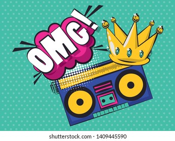 Pop art vibrant retro exclamation bubble crown jewels boombox colorful card background vector illustration graphic design