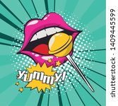 Pop art vibrant retro lips mouth lipstick lollipop sweet colorful card background vector illustration graphic design