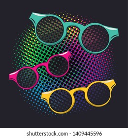Pop art vibrant retro round sunglasses club lights colorful card background vector illustration graphic design