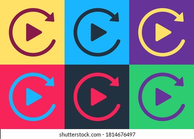 Pop art Video play button like simple replay icon isolated on color background. Vector.
