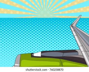 Pop art view from the window to the sky, wing the plane. Long flight. Vector illustration
