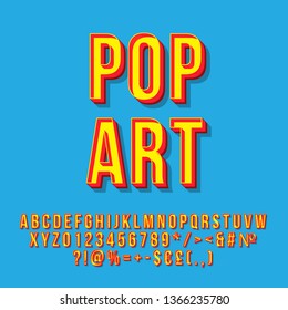 Pop Art Vintage 3d Vector Lettering. Retro Bold Font, Typeface. Stylized Text. Old School Style Letters, Numbers, Symbols Pack. 90s Poster, Banner, T Shirt Typography Design. Blue Color Background