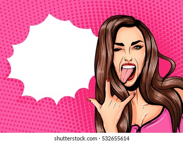 Pop Art Vintage advertising poster comic girl with speech bubble. Pretty girl showing tongue and rock and roll sign vector illustration