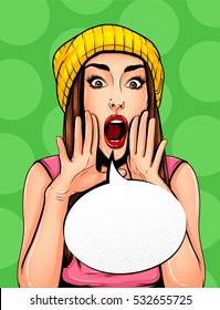Pop Art Vintage advertising poster comic girl with speech bubble. Pretty girl announcing, telling a secret, shouting or yelling vector illustration
