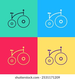 Pop art Vintage bicycle with one big wheel and one small icon isolated on color background. Bike public transportation sign.  Vector