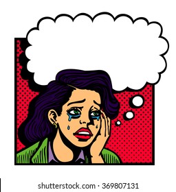 Pop art vintage comic book style vector illustration of sad broken-hearted lovesick girl crying and sighing with speech bubble