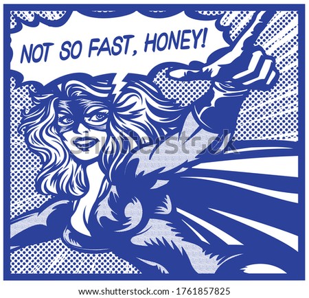 Pop art vintage comic book style super heroine with pointing finger and speech bubble female superhero monochrome vector illustration on white background