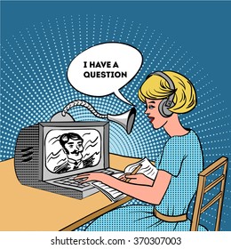 Pop Art Vintage Comic. The Girl Is Learning Online. Retro Communications Technology. Technology And Communication.