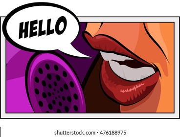 Pop art vintage comic. Girl talking on the phone. Retro style. Bubble with text Hallo. Vector illustration