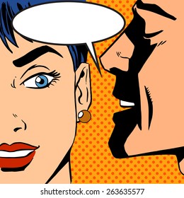 Pop Art Vintage Comic. The Man Whispers To The Girl. Cloud For The Text. Gossip And Rumors Talk About Love. Retro Style