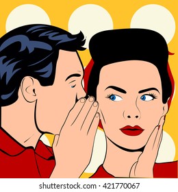 Pop art vintage comic. The man whispers to the girl. Cloud for the text. Gossip and rumors talk about love. Retro style