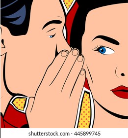 Pop art vintage comic. The man whispers to the girl. Cloud for the text. Retro style