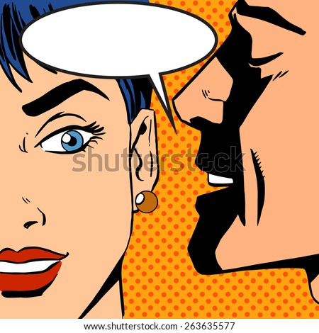 Pop art vintage comic. The man whispers to the girl. Cloud for the text. Gossip and rumors talk about love. Retro style