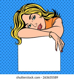 Pop art vintage comic. A woman with a poster and place for text. Girl in retro style. Advertising